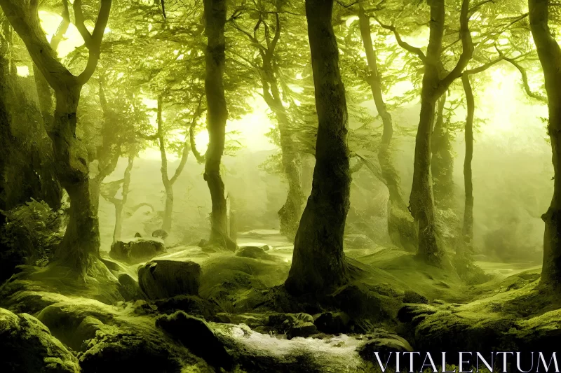 Enchanting Dark Forest with Green Trees and Moss | Vibrant Fantasy Landscapes AI Image