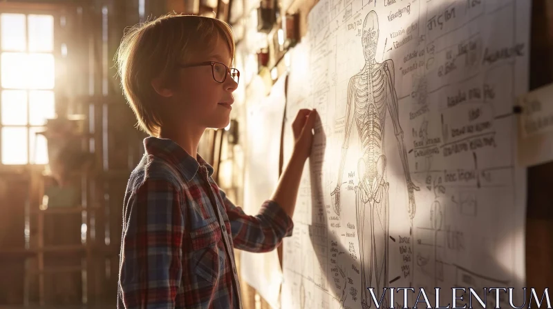Enchanting Image of a Young Boy Engrossed in a Human Skeleton Poster AI Image