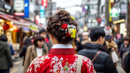 Enchanting Sight: Woman in Red Kimono with Floral Patterns Walking in Japan