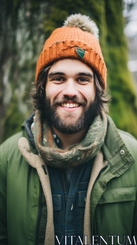Friendly Young Man Portrait in Orange Beanie and Green Jacket AI Image