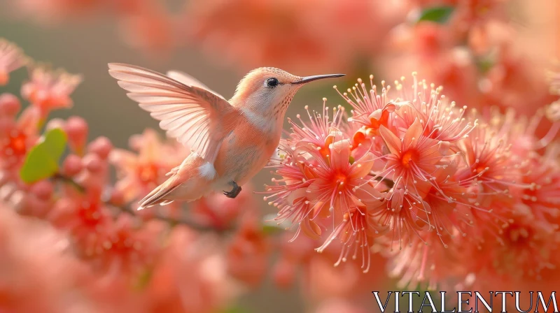 Graceful Hummingbird Hovering by Pink Flower AI Image