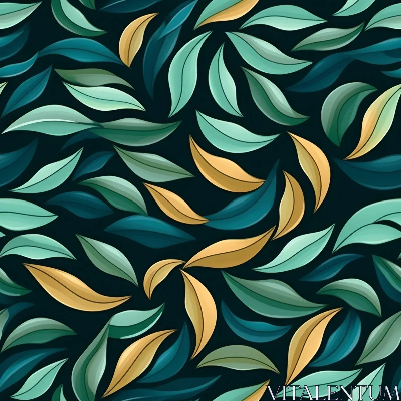 Green and Gold Leaf Pattern on Dark Blue Background AI Image