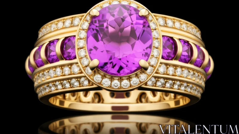 Luxurious Gold Ring with Oval Purple Gemstone | 3D Rendering AI Image