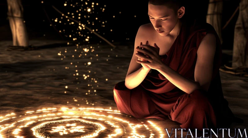 Meditating Buddhist Monk in Serene Darkness AI Image