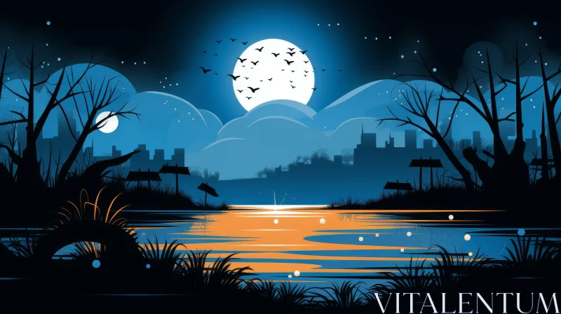 AI ART Moonlit Lake with Bats and Cityscape
