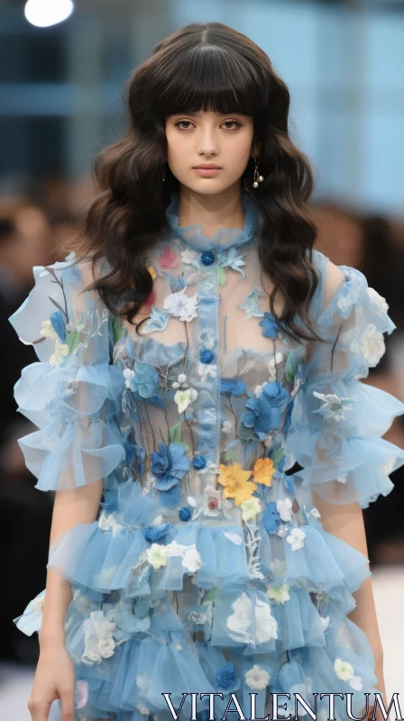 Serious Young Woman in Blue Floral Dress AI Image