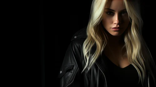 Serious Young Woman Portrait in Black Leather Jacket