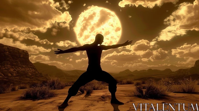 AI ART Silhouette of a Man in Kung Fu Pose in Desert Landscape with Moon
