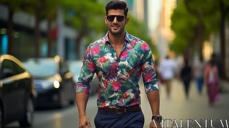 Urban Street Fashion - Smiling Young Man with Floral Shirt AI Image