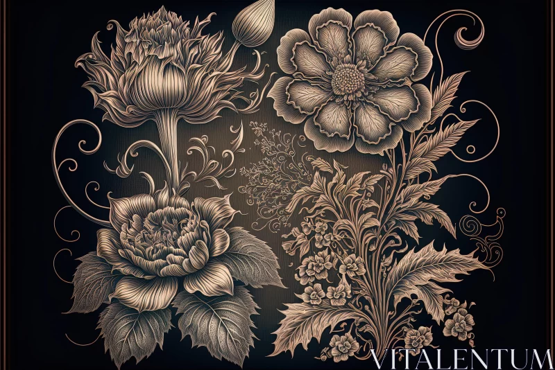 AI ART Vintage Floral Elements on Black | Textured Shading | Detailed Realism