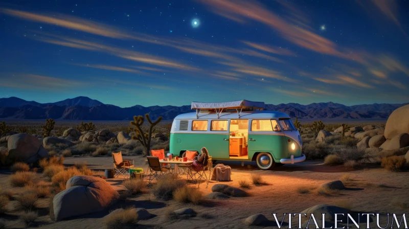 Vintage Volkswagen Bus Camping in Desert at Night AI Image