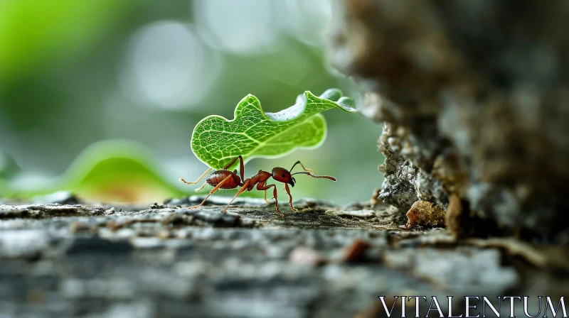 AI ART Ant Carrying Green Leaf on Tree Branch