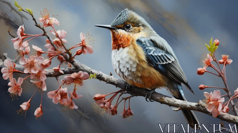 Bird on Branch with Pink Flowers Painting AI Image