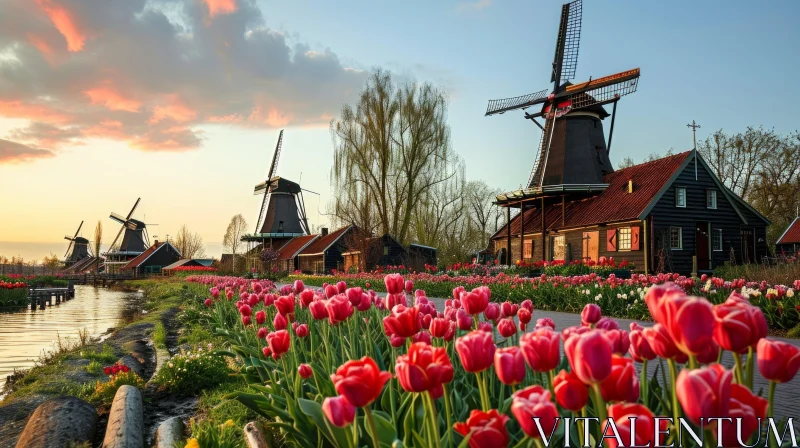 Captivating Landscape in the Netherlands with Windmills and Tulips AI Image