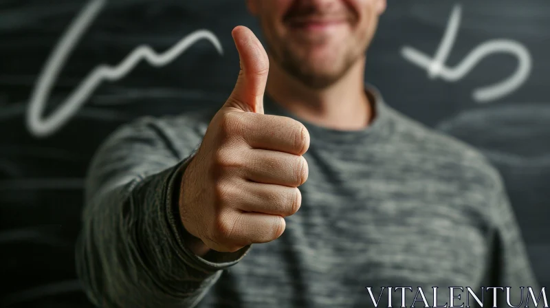 Close-up of Man's Hand Giving Thumbs-Up | Gray Sweater | Chalkboard Background AI Image