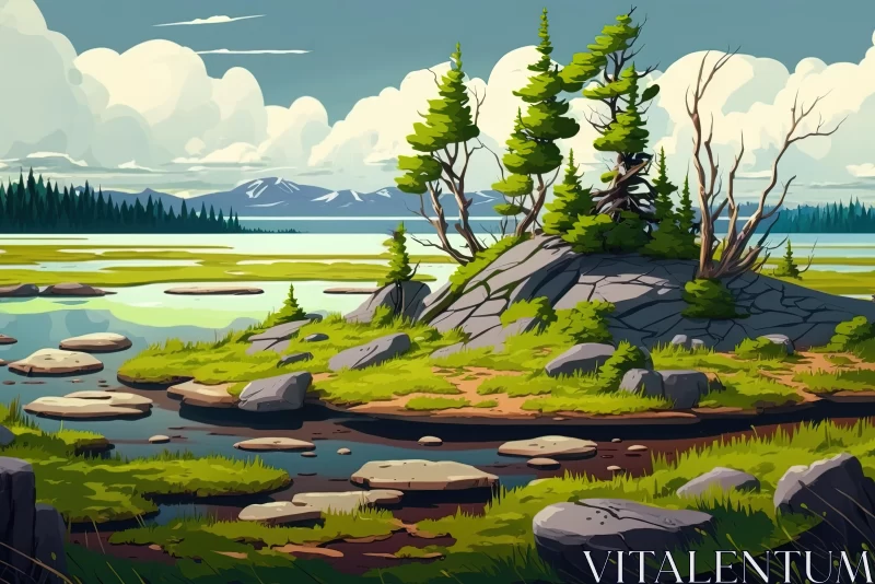 Enchanting Landscape Painting of a Lake and Mountains in Colored Cartoon Style AI Image