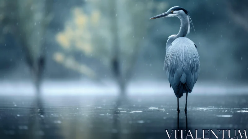 AI ART Majestic Blue Heron in Rainy Lake