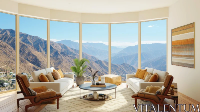Modern Living Room with Curved Glass Window and Mountain View AI Image