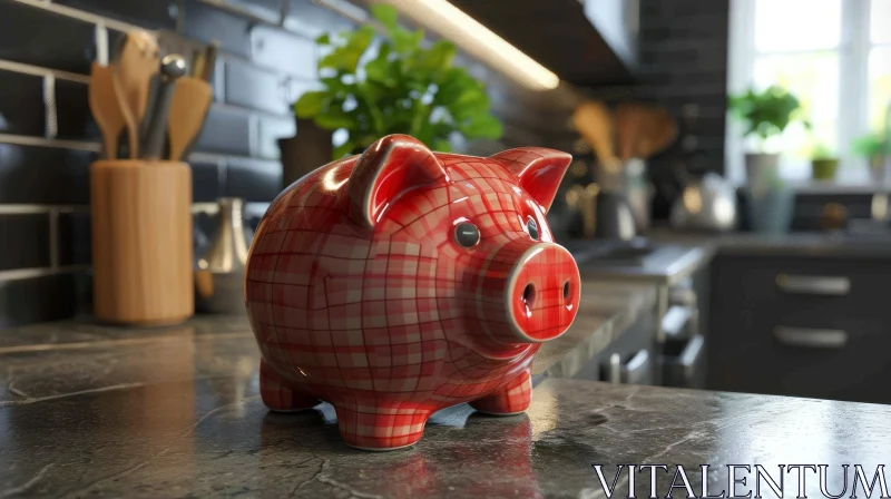 Red Ceramic Piggy Bank on Black Marble Kitchen Counter AI Image