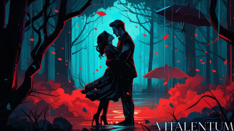Romantic Couple in Rainy Forest Painting AI Image