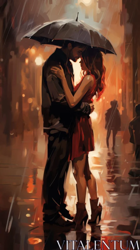 Romantic Couple Kissing in Rain Painting AI Image
