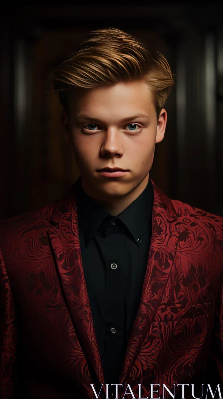 Serious Young Man Portrait in Black Shirt and Red Jacket AI Image