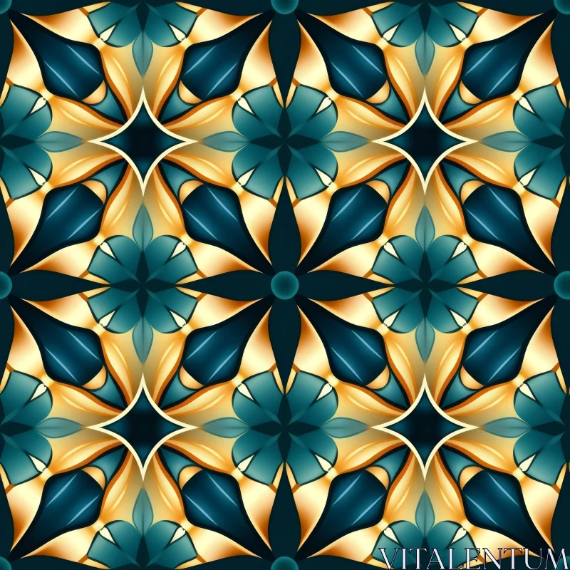Symmetrical Floral Quatrefoil Pattern in Teal Blue and Gold AI Image