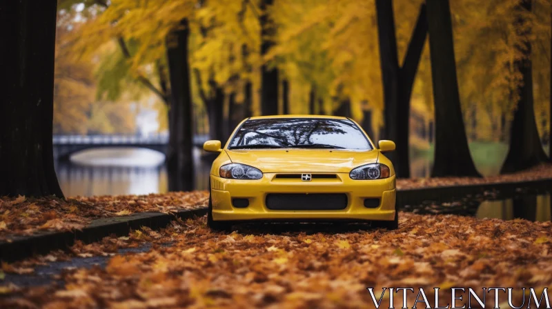 Yellow Car in Autumn Leaves - Wallpaper AI Image