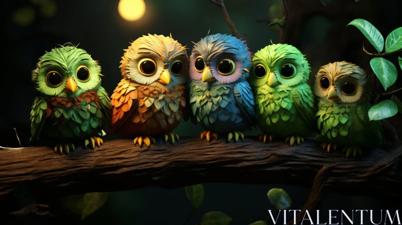 Colorful Owls on Tree Branch in Dark Forest AI Image