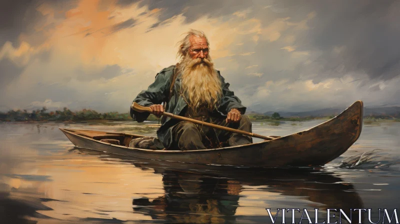 AI ART Elderly Man Rowing Boat in River Painting