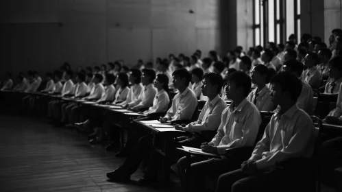 Enthralling Black and White Photo of Students in a Lecture Hall