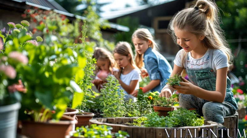 Four Girls Gardening in a Backyard: Joyful and Natural Scene AI Image