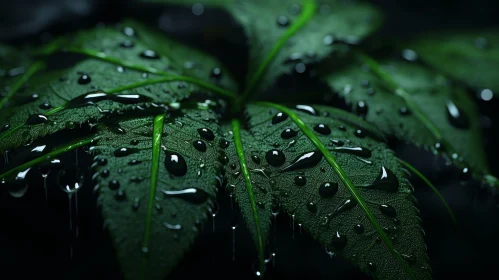 Intricate Cannabis Leaf with Water Droplets - Macro Photography