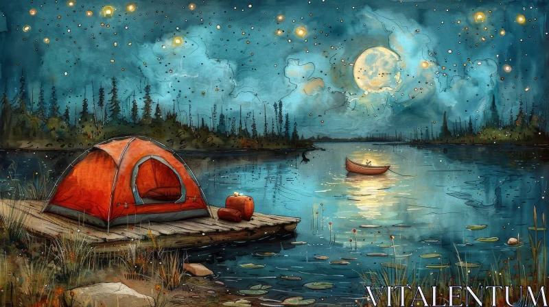 Lakeside Campsite Watercolor Painting at Night AI Image