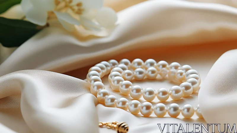 Luxurious Pearl Necklace on Cream Silk Fabric AI Image