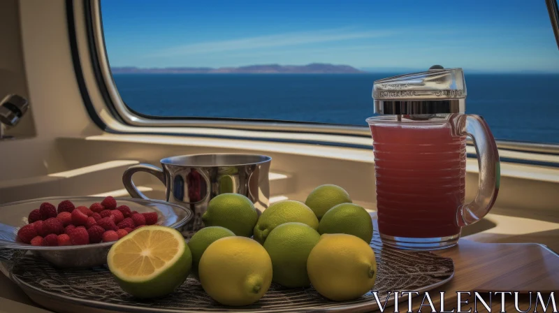 Ocean View Table Setting with Fruits and Beverages AI Image
