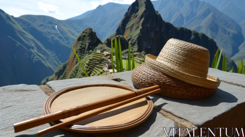 AI ART Tranquil Image of Straw Hats and Woven Tray on Stone Wall with Machu Picchu Ruins in Peru