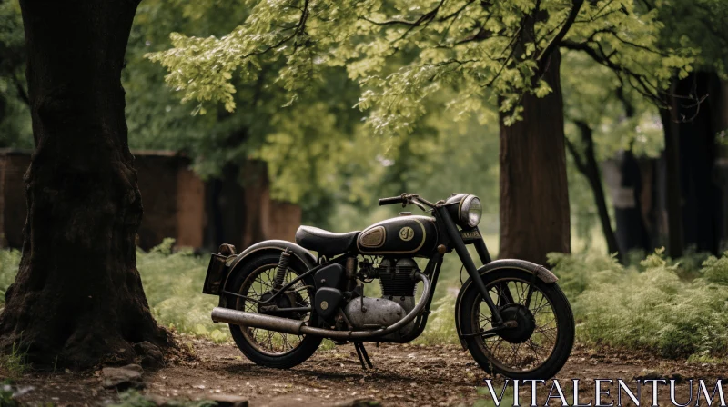 AI ART Vintage Motorcycle Parked Under Tree - Atmospheric and Dreamy