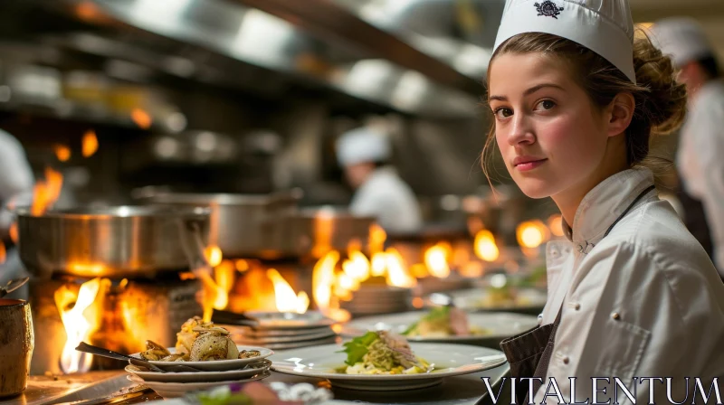 Young Female Chef in Commercial Kitchen | Captivating Food Presentation AI Image