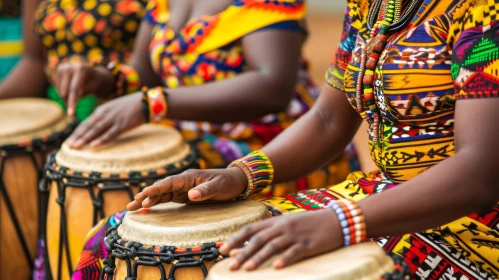 Authentic African Women Playing Djembe Drums