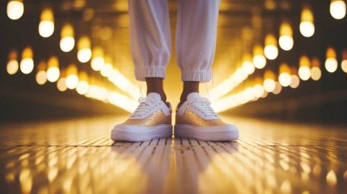 Brightly Lit Hallway with Person in White Sweatpants and Gold Sneakers