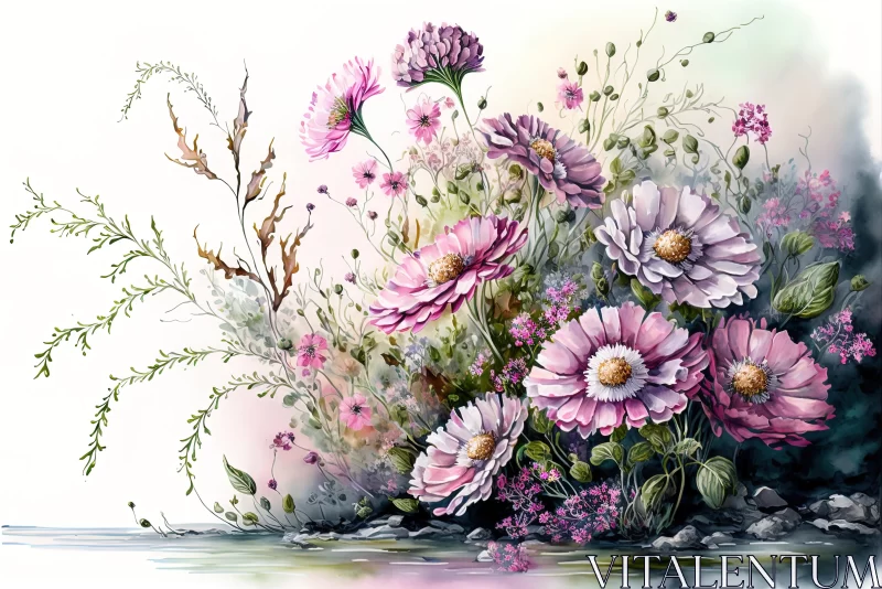 Captivating Pink and Purple Flowers: A Realistic Watercolor Painting AI Image