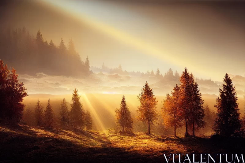 Captivating Sunrise in a Mountain Forest - Nature Photography AI Image