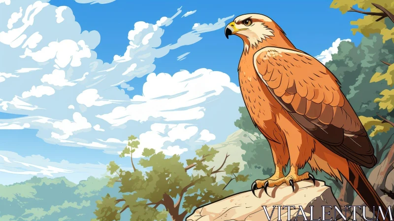Cartoon Hawk on Rock in Mountain Landscape AI Image