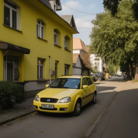 Charming Yellow Car in Traditional Street Scene | Color Gradients