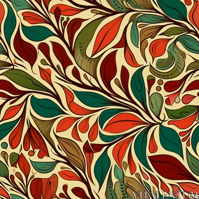Colorful Leaves and Flowers Pattern - Folk Art Style AI Image