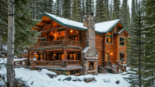 Cozy Log Cabin in Snowy Forest | Stone Fireplace