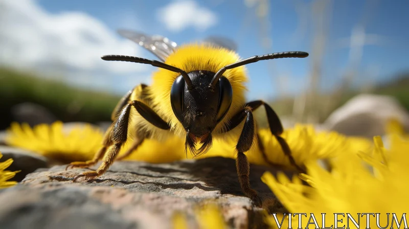 Detailed Close-up of Bee on Rock with Yellow Flowers Background AI Image