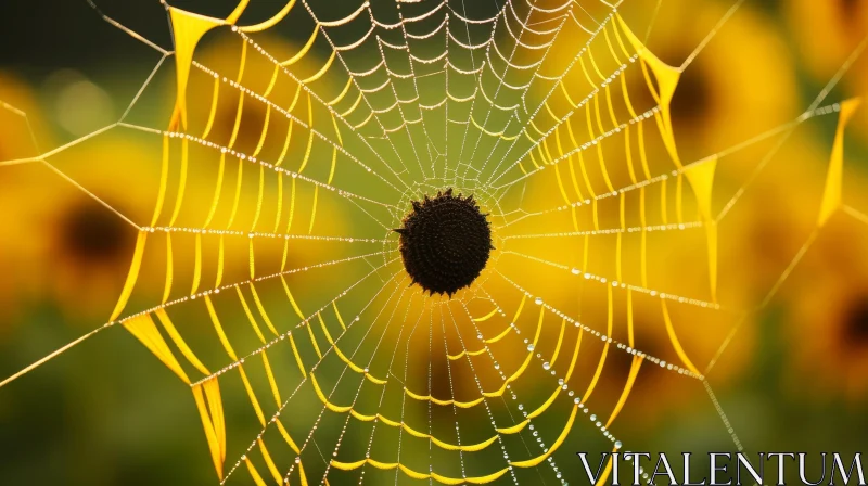 Enchanting Spider Web and Sunflower Close-Up AI Image