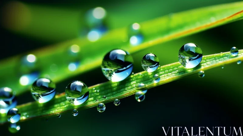 Sunlit Water Droplets on Blade of Grass AI Image